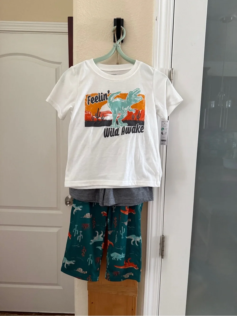 Carter's White Tee & Teal Dinosaur Pajama Set
